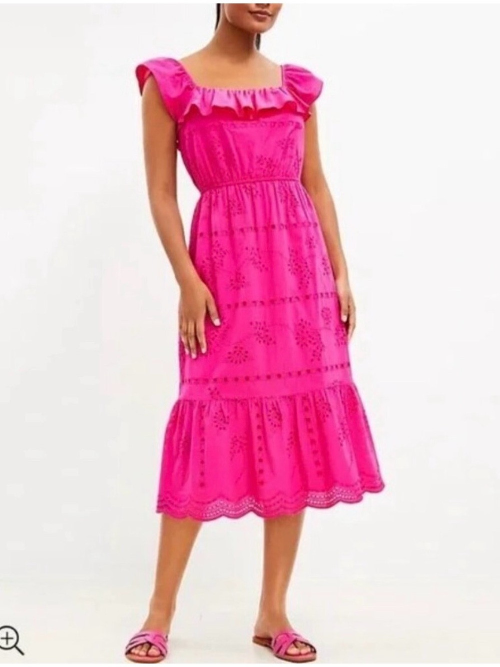 LOFT Bright Pink Eyelet Ruffle Midi Dress